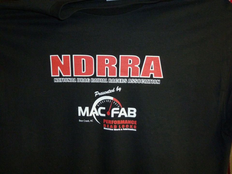 Black t-shirt with NDRRA National Drag Radial Racers Association logo and MAC FAB Performance Bead Looks logo