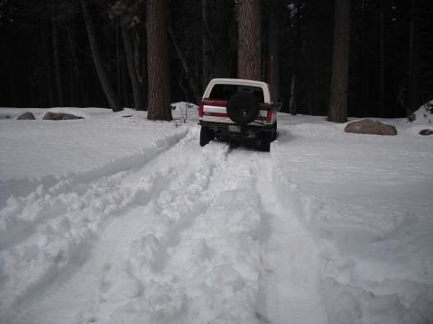1991 Ford Bronco - Ford Bronco navigates a snowy forest road, leaving tire tracks.
