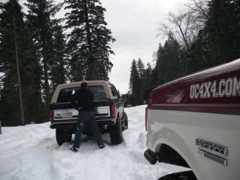 1991 Ford Bronco - Two trucks are parked in a snowy landscape with trees in the background.