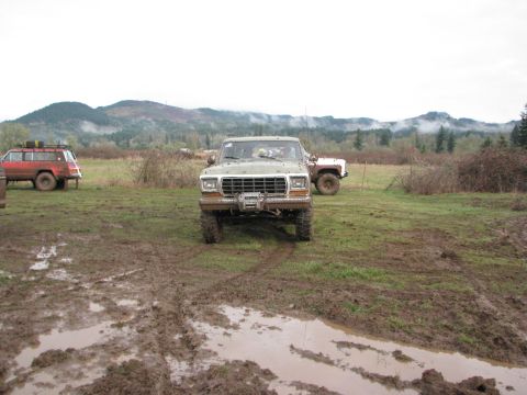 1978 Ford Bronco - A green Ford F-Series truck is parked in a muddy field with other vehicles in the background.