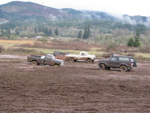 1978 Ford Bronco - A dark 1978 Ford Bronco navigates a muddy terrain alongside other trucks.