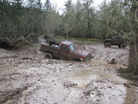 1978 Ford Bronco - Two trucks are stuck in a muddy off-road course with trees all around.