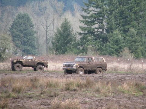 1978 Ford Bronco - Two off-road vehicles, a 1978 Ford Bronco and a pickup truck, are stuck in a muddy field.