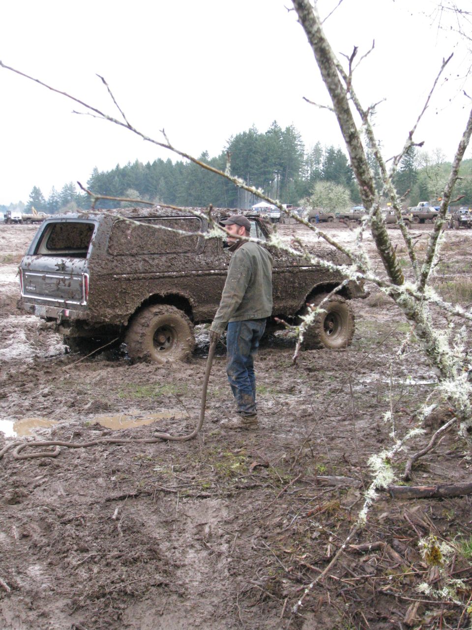 1978 Ford Bronco stuck in mud, being towed
