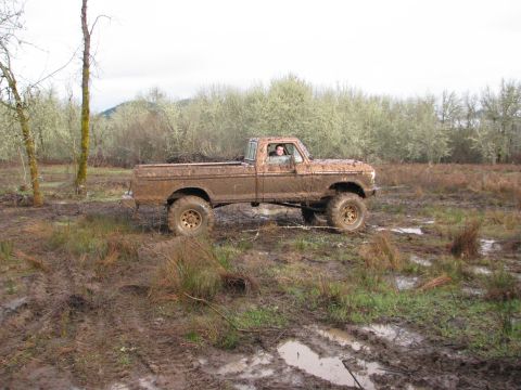 1978 Ford Bronco - A driver navigates a heavily muddied pickup truck through a rural, off-road terrain.
