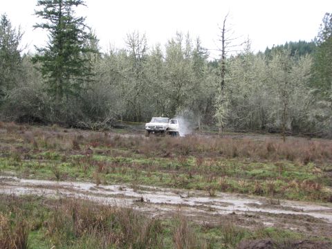1978 Ford Bronco - Two white SUVs navigate a challenging muddy terrain, kicking up dirt and water amidst a wooded landscape.