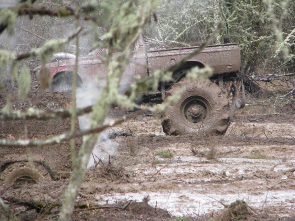 Muddy truck with large tires stuck in a wooded area