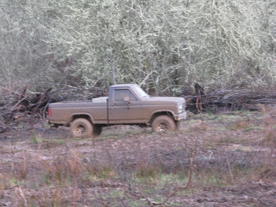 Brown Ford pickup truck driving through muddy terrain with trees in background