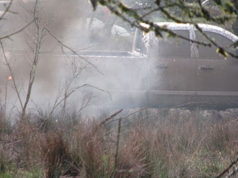 1978 Ford Bronco - A muddy pickup truck is seen in a smoky, outdoor environment with tall grass and bare branches.