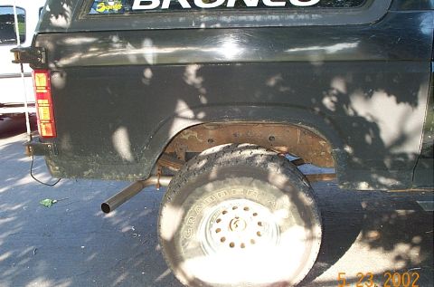 1986 Ford Bronco - How it exits. I have to get this part redone because I chopped off the bottom part of the rear panels and the exhaust can be raised now.