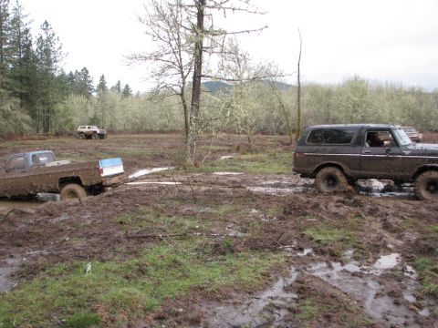 1978 Ford Bronco - Two trucks, a 1978 Ford Bronco and a Chevrolet pickup, are stuck in the mud off-road.
