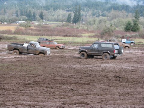 1978 Ford Bronco - Multiple trucks and SUVs navigate a muddy terrain, with some vehicles partially submerged.