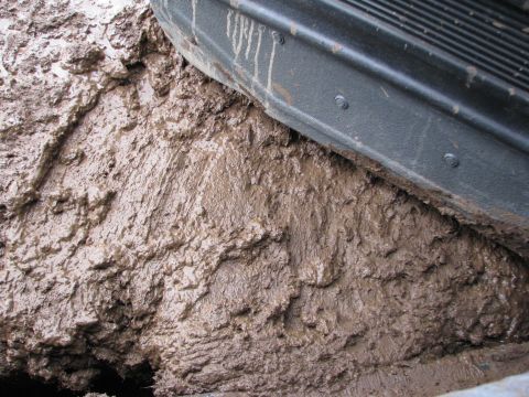 1978 Ford Bronco - A vehicle tire is deeply embedded in thick mud, with the fender visible above.