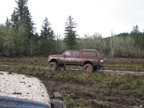 1978 Ford Bronco - A maroon Ford Bronco navigates a muddy terrain with trees in the background.