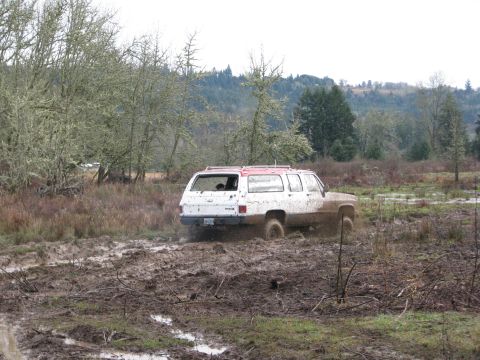 1978 Ford Bronco - This SUV is deep in the mud, with its rear end facing the camera and tires struggling for traction.