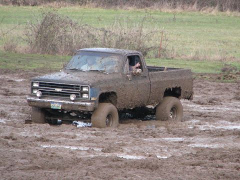 1978 Ford Bronco - This pickup truck is stuck deep in the mud, with only its front end and driver visible.