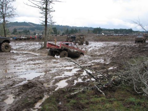 1978 Ford Bronco - Multiple trucks navigate a challenging muddy terrain during an off-road event.
