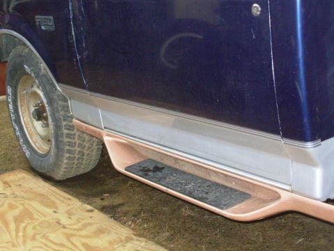 1983 Ford Bronco - My bracket holds the step in the factory position using only the factory holes. For this test-fit, the front & rear of the fiberglass are n…