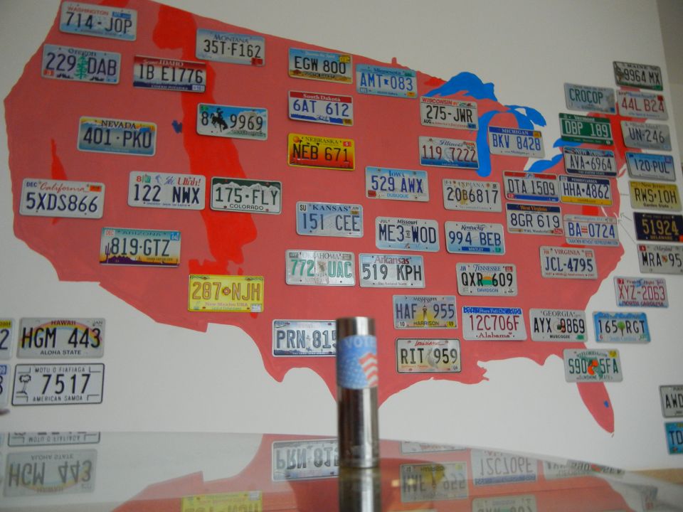 License plate collection on a map of the USA