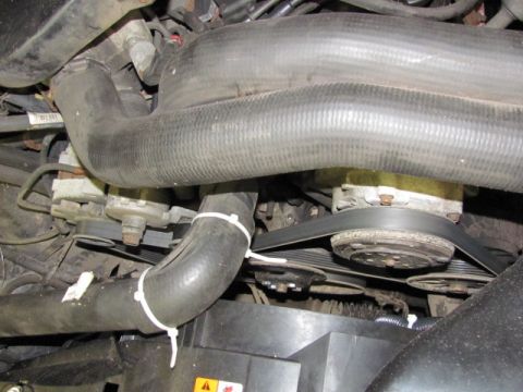 1989 Ford Bronco - Close-up view of the engine bay, focusing on the serpentine belt system and AC compressor.