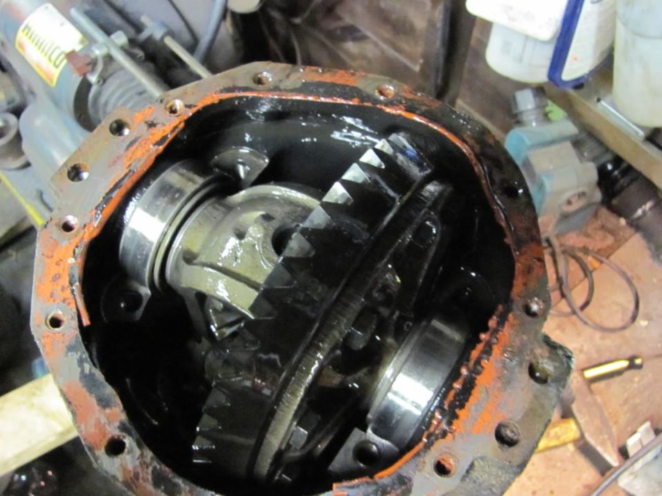 Open differential housing with gears visible