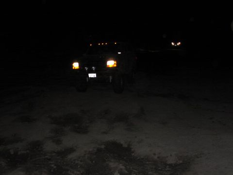 1981 Ford Bronco - A truck sits in a snowy area at night, its headlights illuminating the darkness.