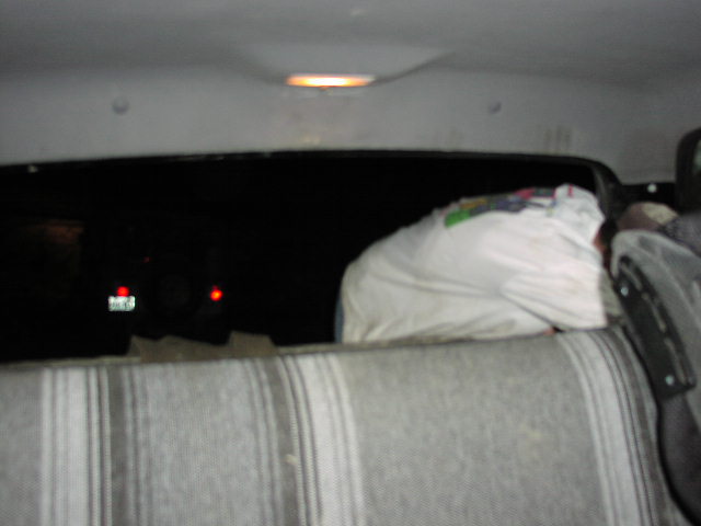 Interior view of a vehicle with a person in the back seat and a license plate visible through the rear window