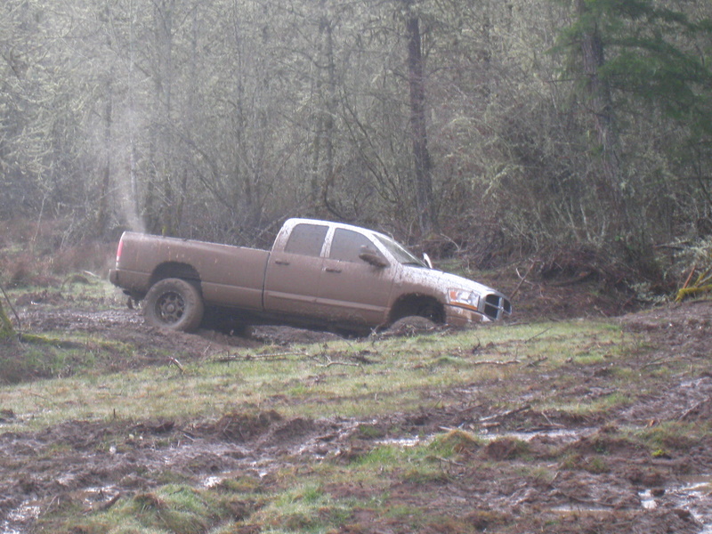 Pickup truck stuck in muddy terrain with trees in background