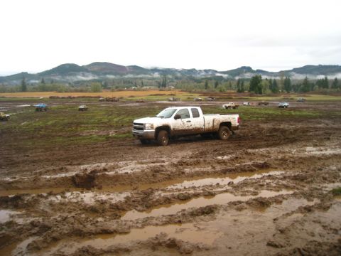 1978 Ford Bronco - Multiple trucks navigate a muddy off-road course under overcast skies.