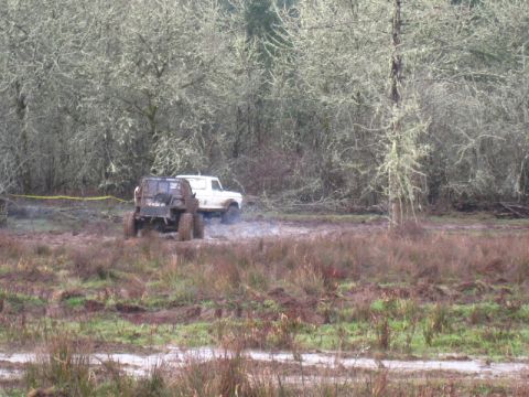 1978 Ford Bronco - Two off-road vehicles are navigating a muddy terrain with dense trees in the background.