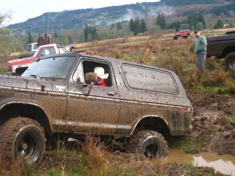 1978 Ford Bronco - A 1978 Ford Bronco navigates a muddy off-road course, with other vehicles and spectators in the background.