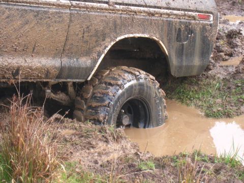 1978 Ford Bronco - This vehicle is deep in the mud, with one tire submerged in water.