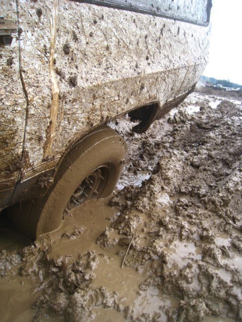 1978 Ford Bronco - A vehicle is deeply stuck in mud, with its tire almost completely covered by the thick, brown muck.