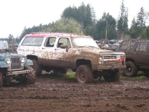 1978 Ford Bronco - Several off-road vehicles are stuck in deep mud during an event.