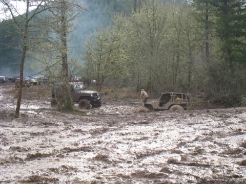 1978 Ford Bronco - Multiple off-road vehicles are stuck in a muddy terrain with trees surrounding the area.