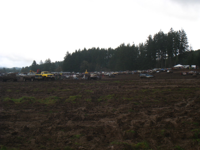 Muddy field with numerous trucks and SUVs parked and driving, trees in background