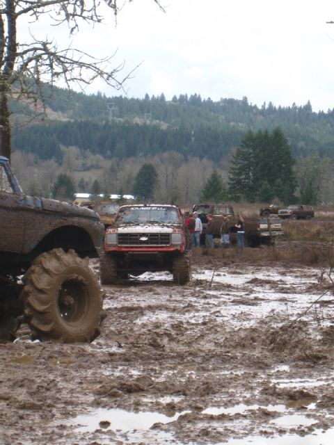 1978 Ford Bronco - Several off-road vehicles are stuck in a muddy field, with trees and hills in the background.