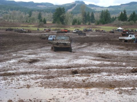 1978 Ford Bronco - Multiple off-road vehicles navigate a challenging mud bog, with several trucks visibly stuck in the mire.