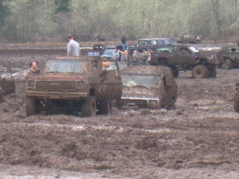 1978 Ford Bronco - Several trucks are stuck in a muddy field, with people standing around them.