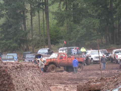 1978 Ford Bronco - Several trucks are stuck in the mud at an off-road event in a forest.