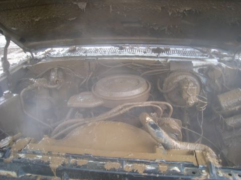 1978 Ford Bronco - The engine bay of a vehicle is heavily caked in mud, obscuring most details.