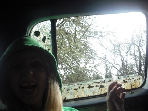 1978 Ford Bronco - A person in a green hood looks out the window of a vehicle at a landscape of bare trees, with a watermark visible at the bottom right.