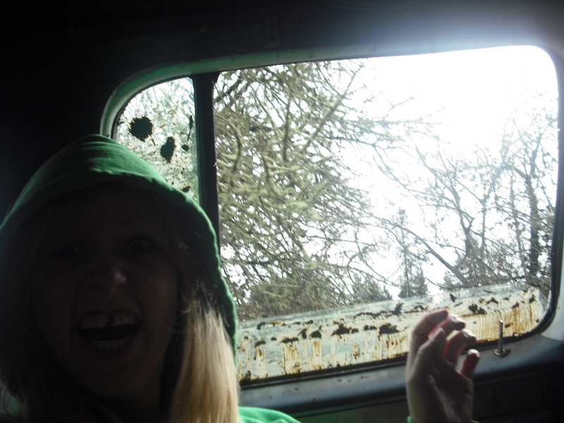 Interior view from a vehicle with a person wearing a green hood, looking out a window at bare trees