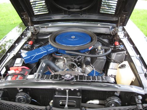 1968 Shelby GT500 - The engine bay of a black 1968 Shelby GT500 shows its V8 engine with blue accents and a prominent air cleaner assembly.