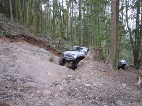 2008 Jeep Wrangler - Two Jeep Wranglers tackle a challenging, rocky off-road trail surrounded by dense forest.