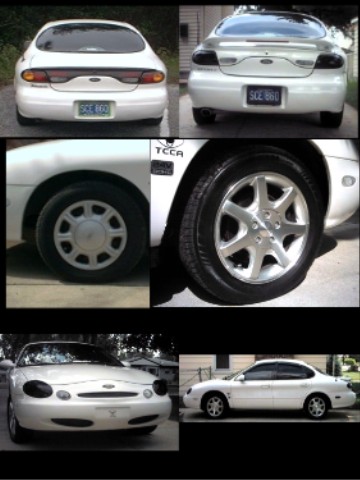1997 Ford Taurus - Multiple views of a white sedan, including front, rear, and side profiles, with wheel details.