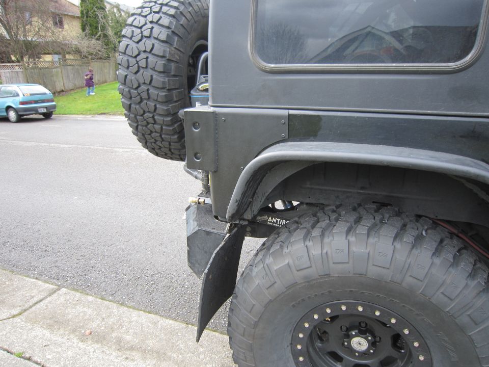 Black SUV rear corner with spare tire and mud flap