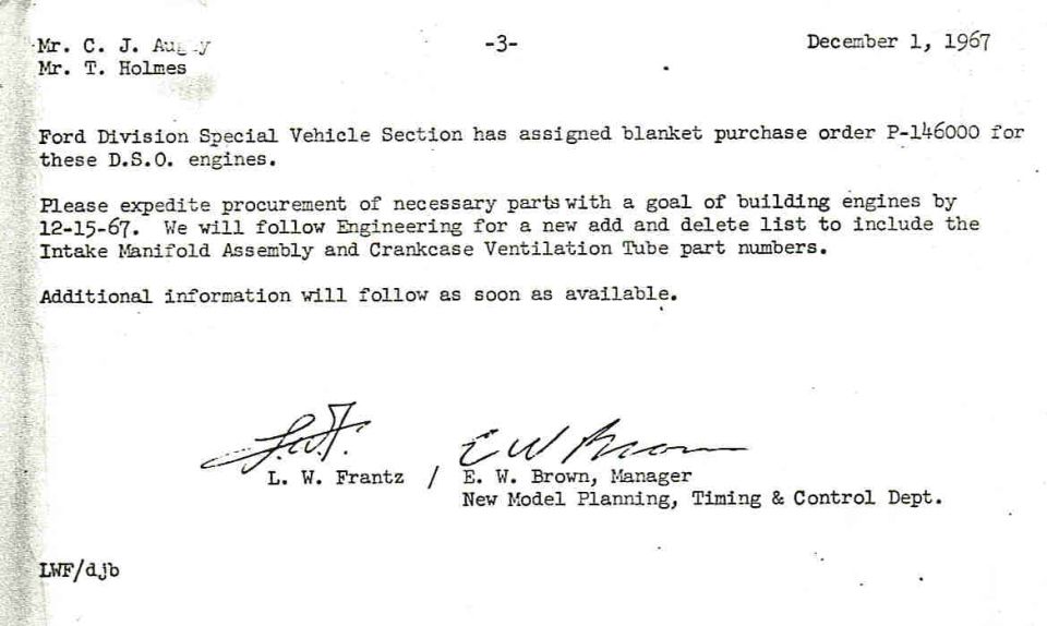 Document dated December 1, 1967, from Ford Division Special Vehicle Section regarding D.S.O. engines