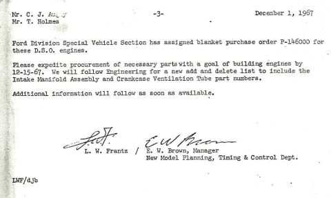 1968 Ford Mustang - This document details procurement of parts for DSO engines and includes signatures from L.W. Frantz and E.W. Brown.