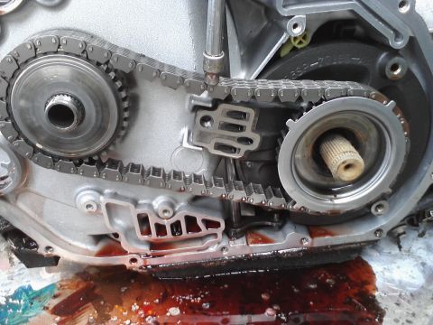 1993 Ford Taurus - Transmission internal components, including timing chain and gears, showing signs of fluid leakage.